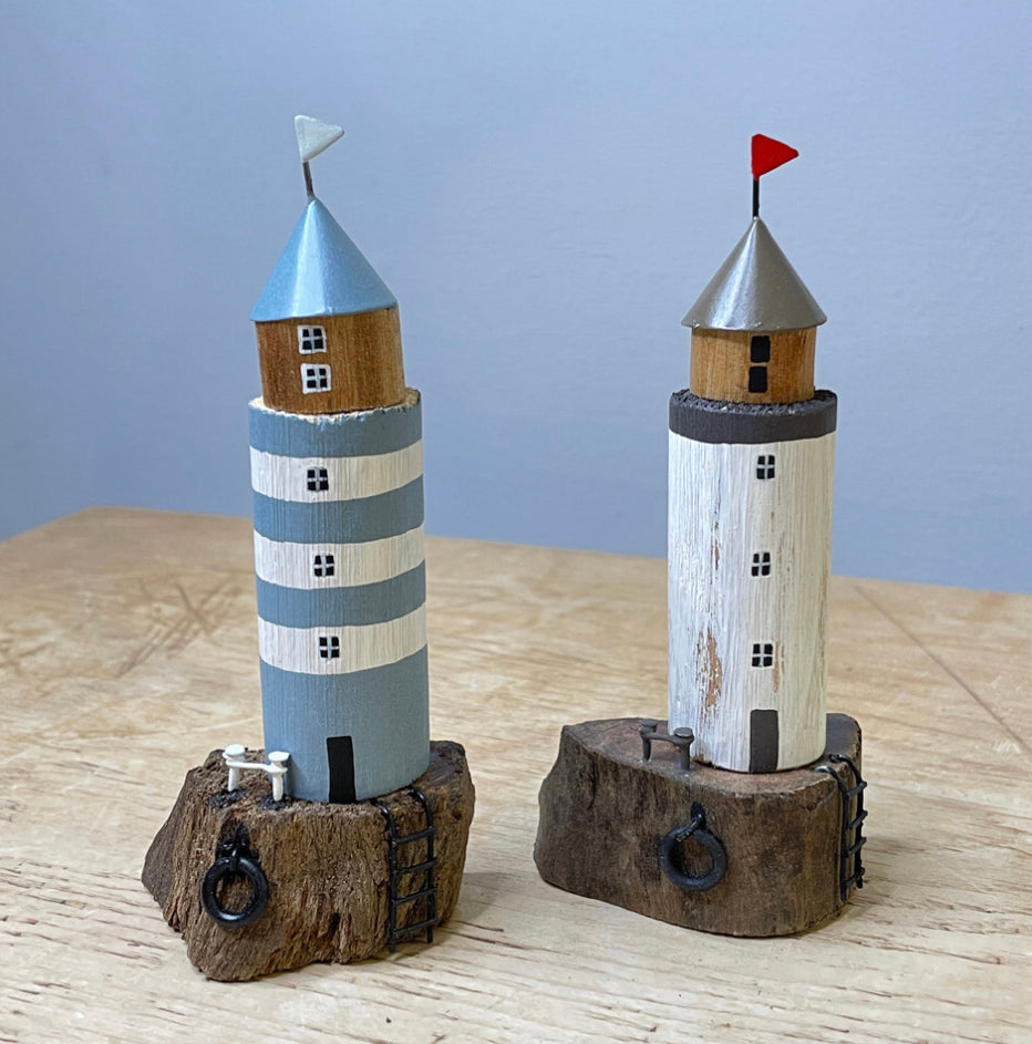 Wooden lighthouse ornament - grey & white or blue stripe.  By Shoeless Joe