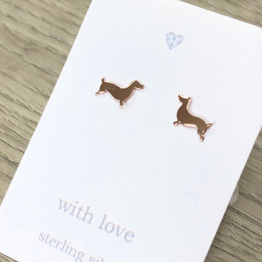 Dachshund rose gold plate, sterling silver stud earrings.Sausage dog.