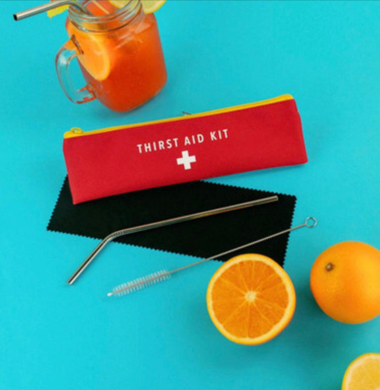 Thirst aid kit reusable straw in case.