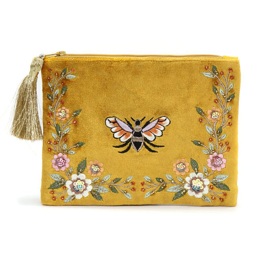 Mustard velvet floral bee  coin purse