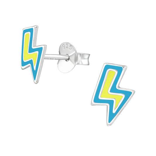 Enamel lightening strike stud earrings in sterling silver.