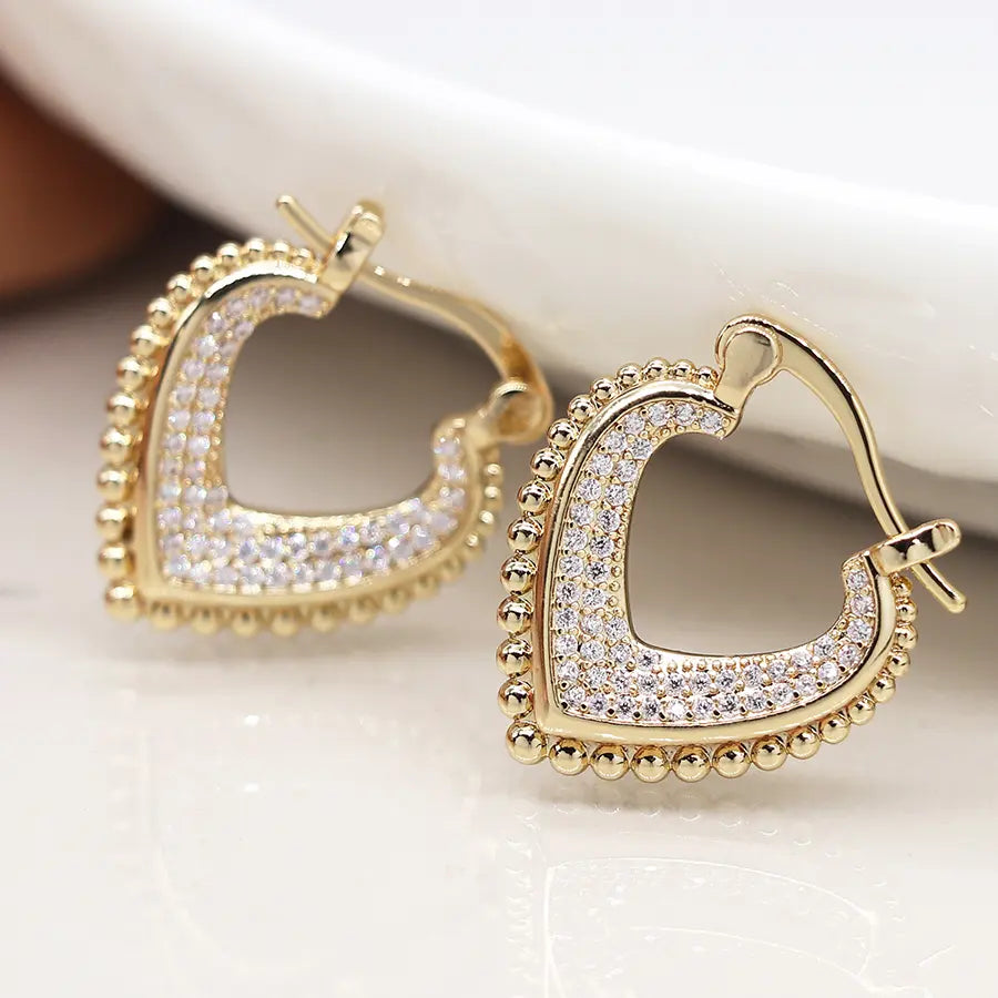Faux gold v-point hoop earrings with multi crystal inset and decorative edge