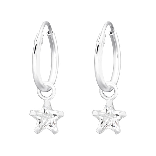 Sterling silver huggie hoops with crystal star drop