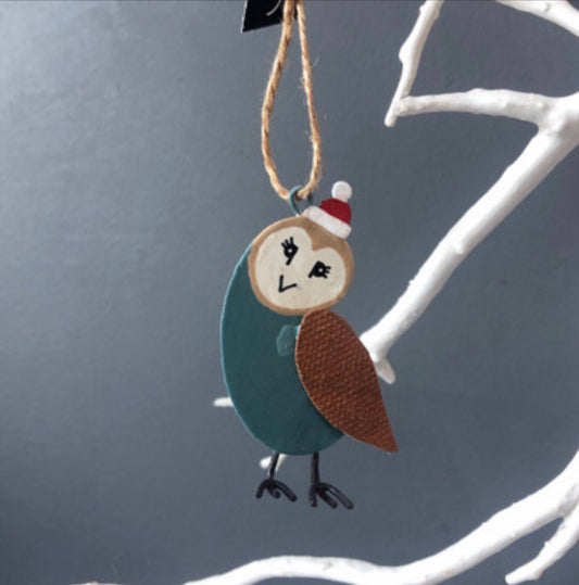 Barn owl  wearing a Christmas bobble hat. Hanging decoration by Shoeless Joe