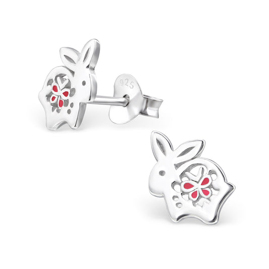 Rabbit sterling silver stud earring with flower detail