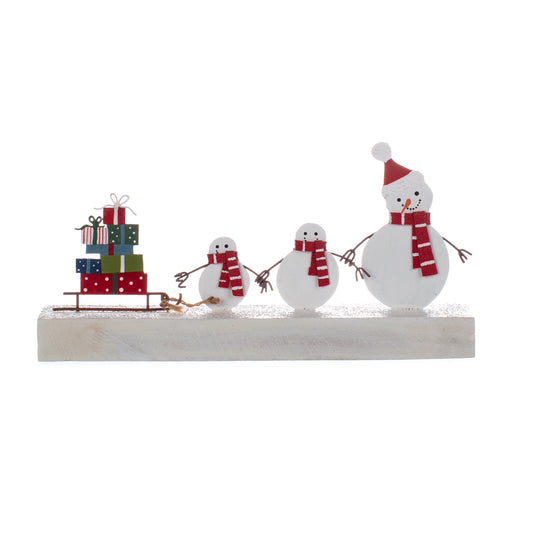 Snowman family with sledge standing Christmas ornament