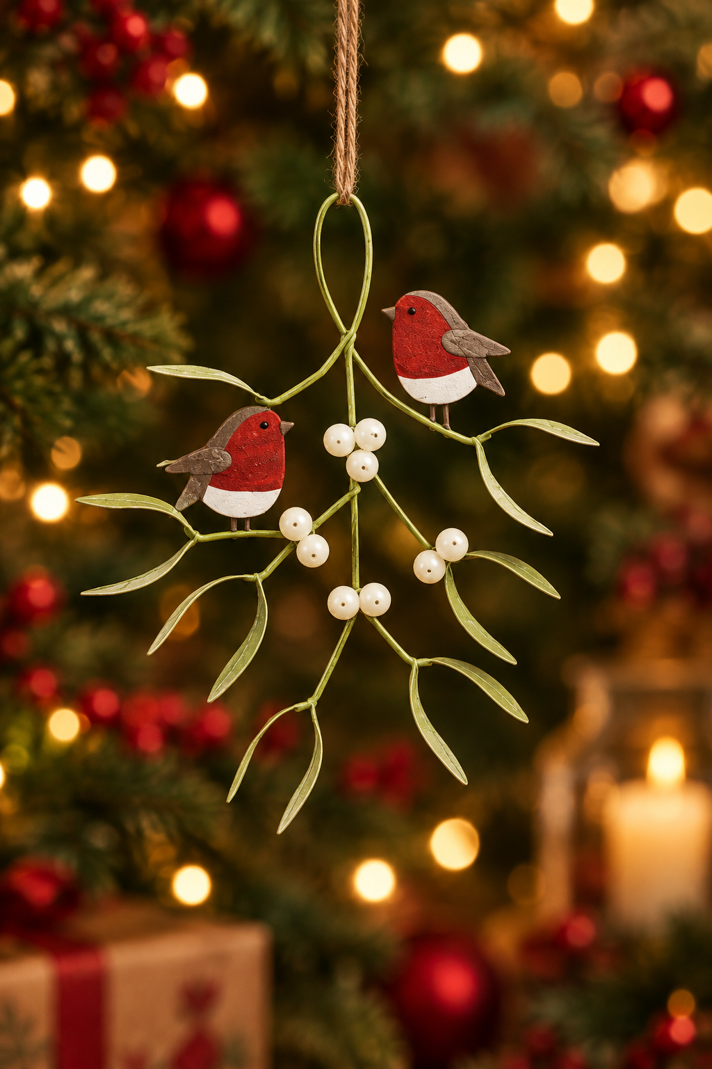 Duo of Robins on Mistletoe Hanging decoration.