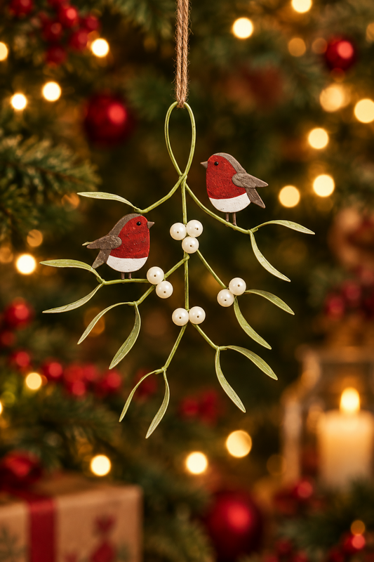 Duo of Robins on Mistletoe Hanging decoration.