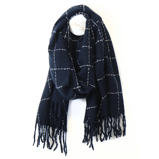 Navy running stitch check scarf. Piece of mind Ltd