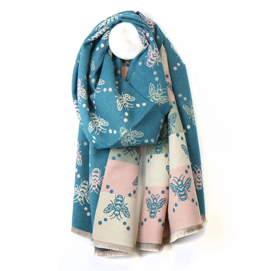 Teal mix bee and stripe jacquard scarf