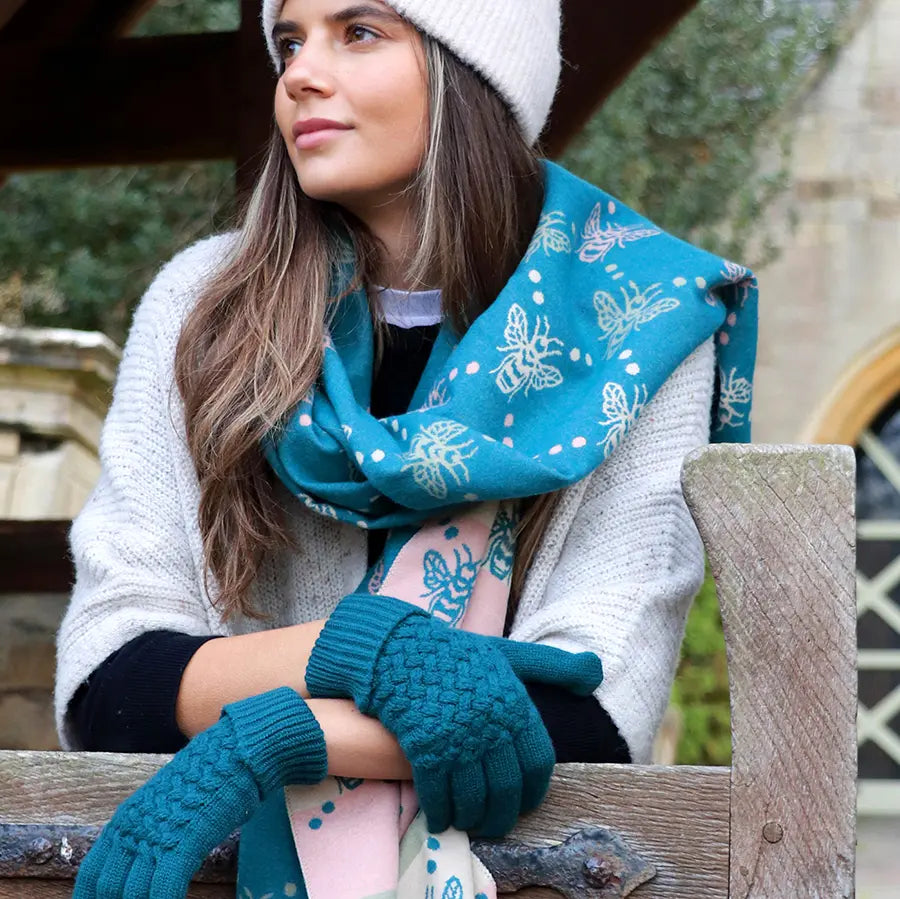 Teal mix bee and stripe jacquard scarf