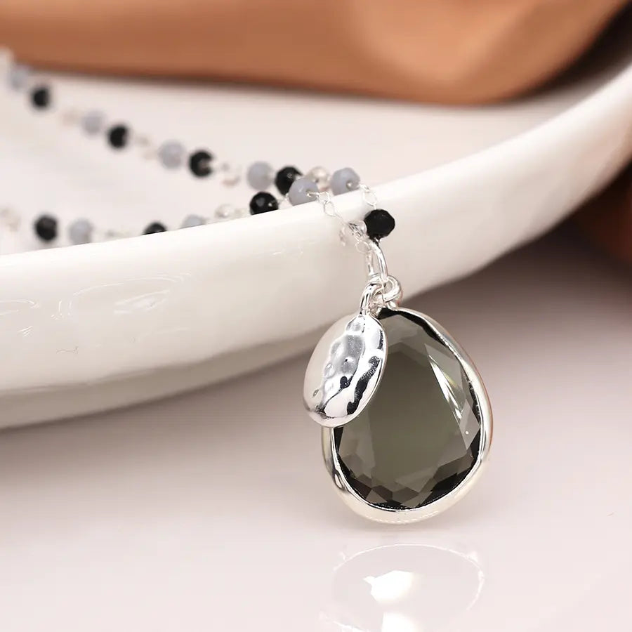 Silver plated and grey bead necklace with smoky drop