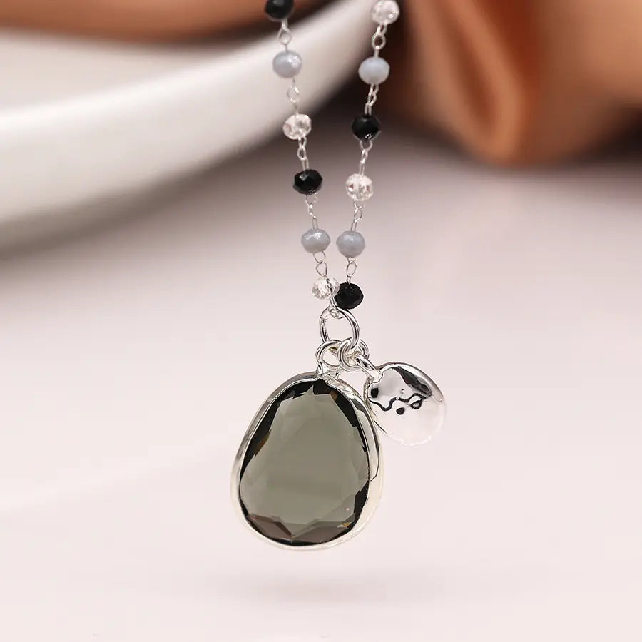 Silver plated and grey bead necklace with smoky drop