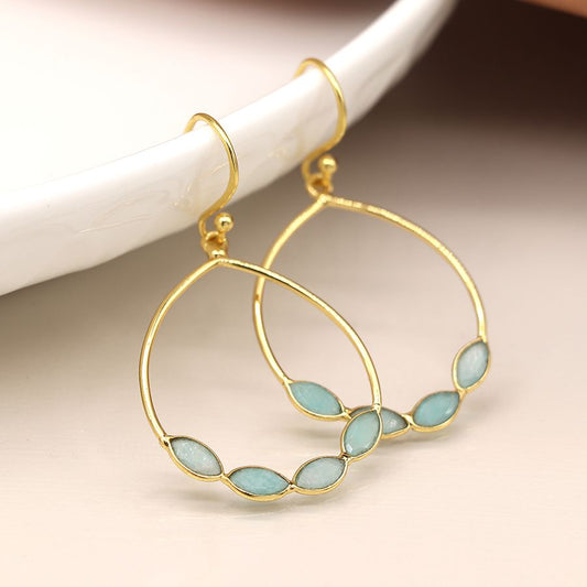 14K Gold plated amazonite bezel hoop earrings