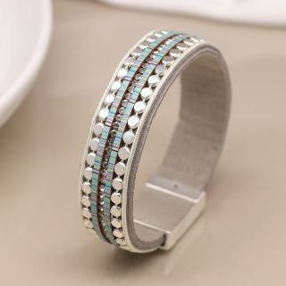 Grey, aqua and silver plated leather bracelet. Magnetic clasp.