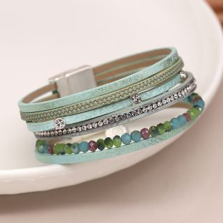 Aqua leather bracelet with mixed beads and crystals. Magnetic fastening.