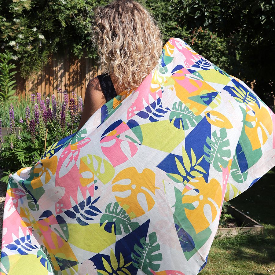 Recycled bright mustard mix monstera leaf print scarf