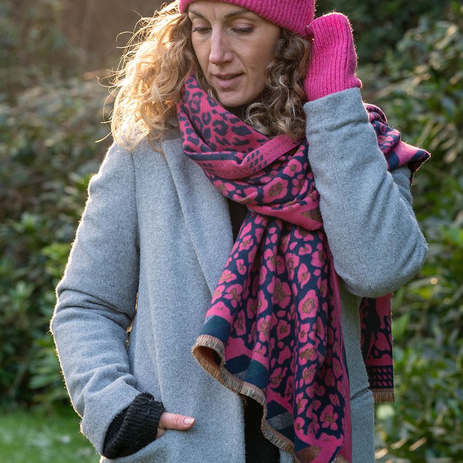 Pink and navy mix reversible leopard print scarf