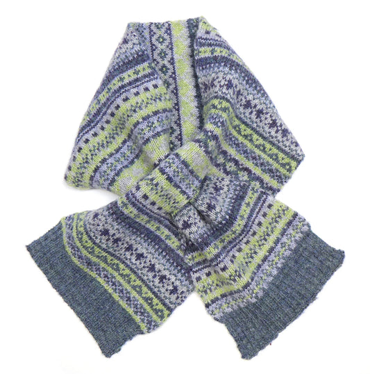 POM Fairisle Knitted Short Pull Through Scarf - Denim & Soft Green