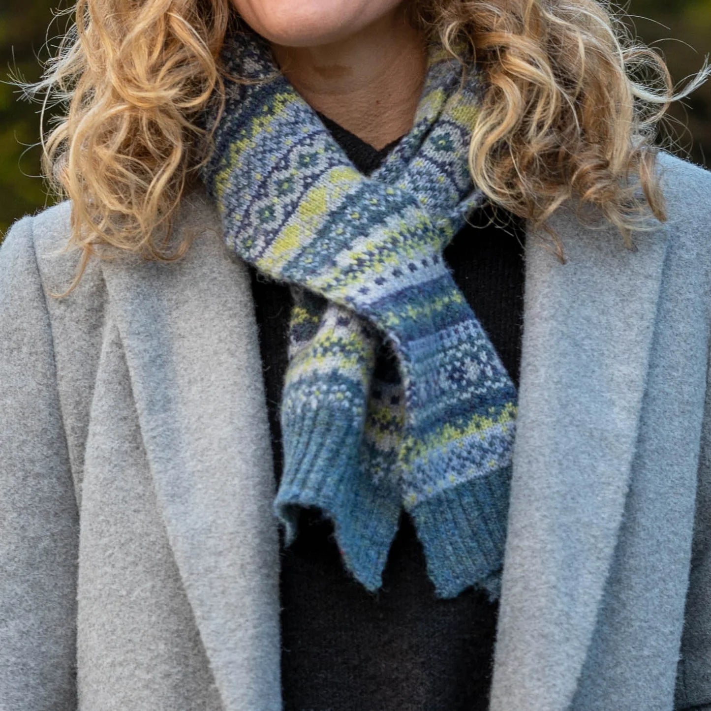 POM Fairisle Knitted Short Pull Through Scarf - Denim & Soft Green