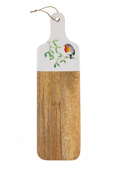 Robin with mistletoe mango wood serving board