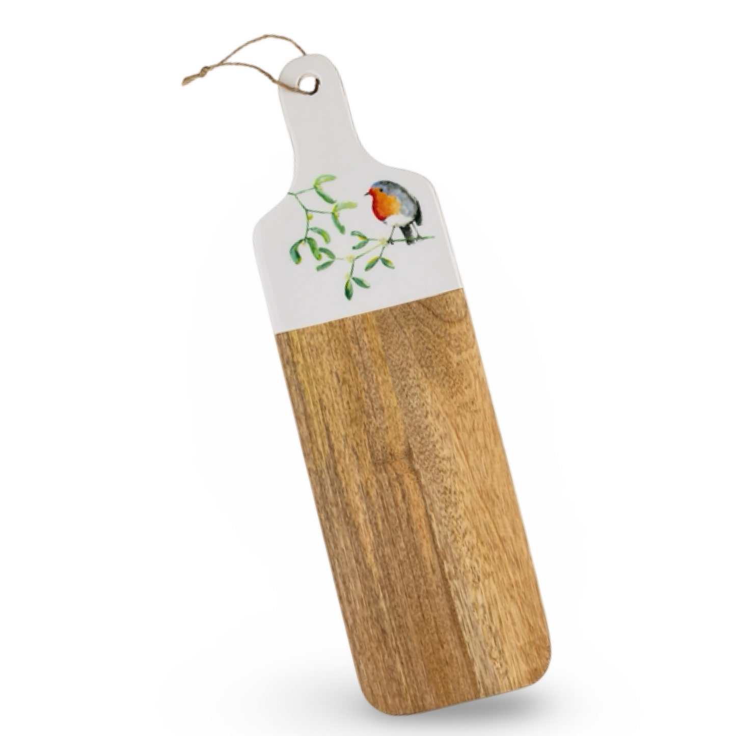 Robin with mistletoe mango wood serving board